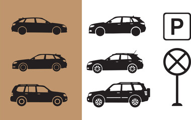 Black silhouette car vectors including station wagon suv parking sign and no parking icon