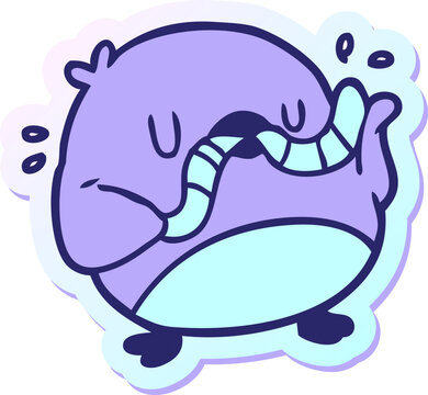Naklejki sticker of a cartoon robin with worm in bright neon color