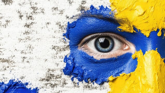 Close-up of a painted face,  blue and yellow,  eye visible - Powered by Adobe