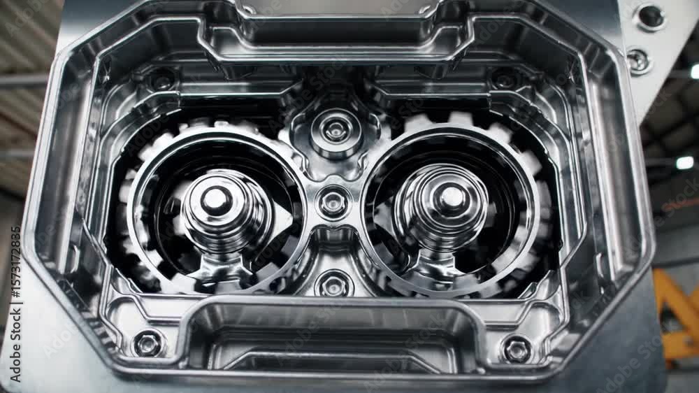 Poster close-up view of precision engine components with metallic finish and intricate gear design for mech