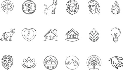 Set Line Art Logos Featuring Brain Camera Cat Woman Fire Fox Heart House Leaf Bulb Lion Lotus Mountain