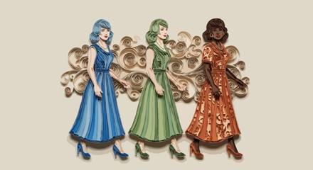 Fototapeta premium Three Diverse Women Walking Together in Vintage Paper-Cut Style Against Cream Background