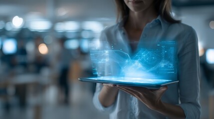 a woman in a modern office holding a futuristic tablet projecting a blue holographic screen with a data graph, the graph is facing the viewer, office background with people working in soft focus