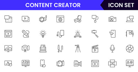 Content creator vector web line icon collection, sleek illustrations of cameras, pens, laptops, creative tools for vibrant, innovative designs.