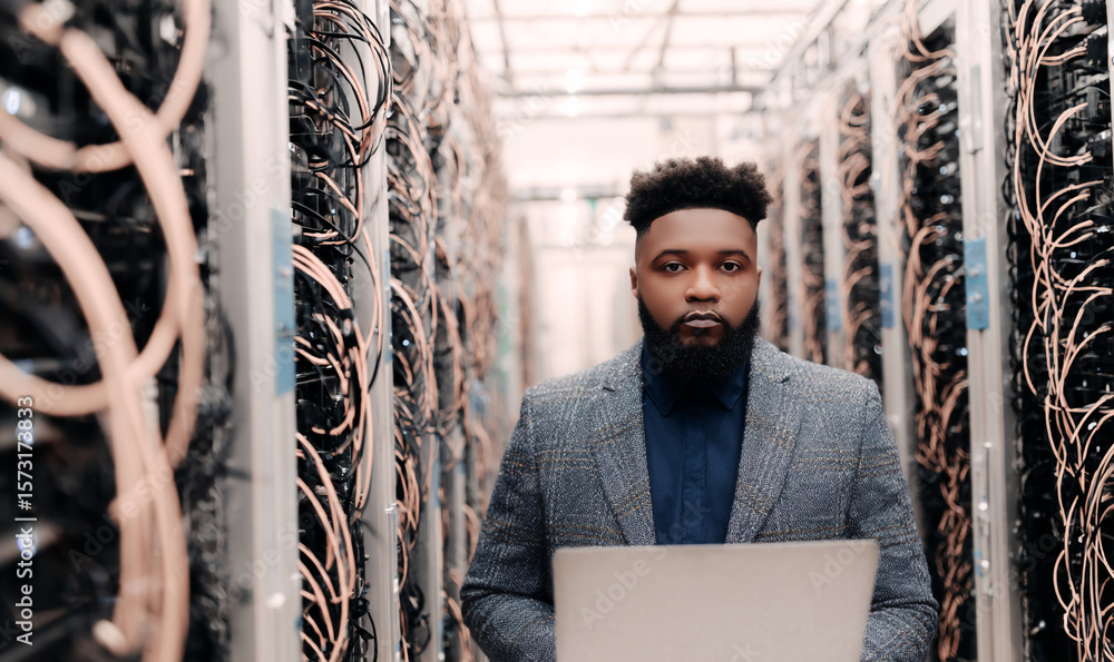 Aufkleber man with laptop in server room with network cables and server racks