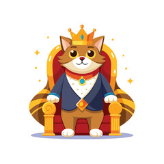 Majestic cat king sitting on ornate throne wearing royal crown illustration, cute feline monarch vector design with white background for regal and fantasy themes