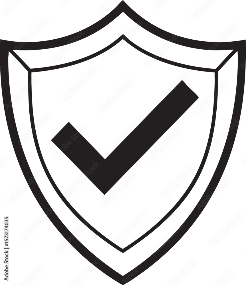 Poster black shield with a white checkmark symbol isolated on transparent background