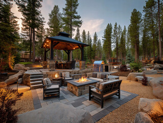 Outdoor luxury living, amazing backyard with fire pit and gazebo 