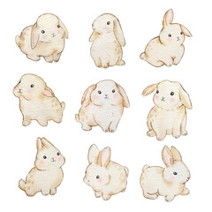 Watercolor cute Easter Bunny, nursery beige rabbit for spring design