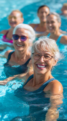 Fototapeta premium Active senior women enjoying aquafit class in a ouutdoor pool 