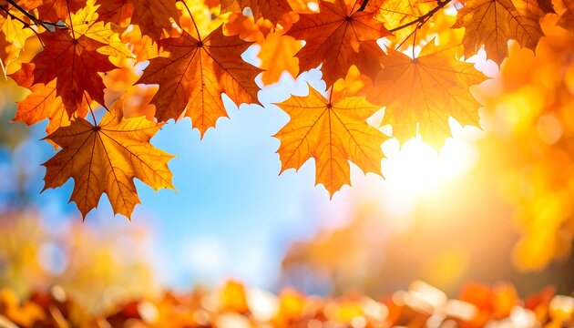 Autumn leaves against a vibrant blue sky