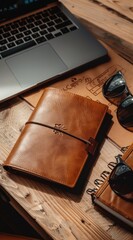 Stylish Brown Leather Laptop Sleeve Featuring Sunglasses Detailing Perfect for Notebooks and Modern Professionals