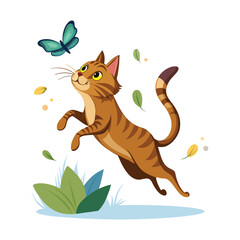 Graceful cat leaping midair chasing delicate butterfly vector illustration, playful feline in motion, minimalist white background, dynamic pet art, nature-inspired animal design