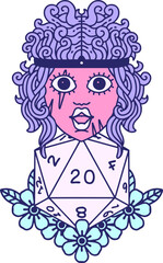 Retro Tattoo Style human barbarian with natural twenty dice roll in bright neon color