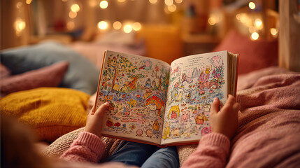 A child reads a colorful storybook in a cozy and warm bed setting.