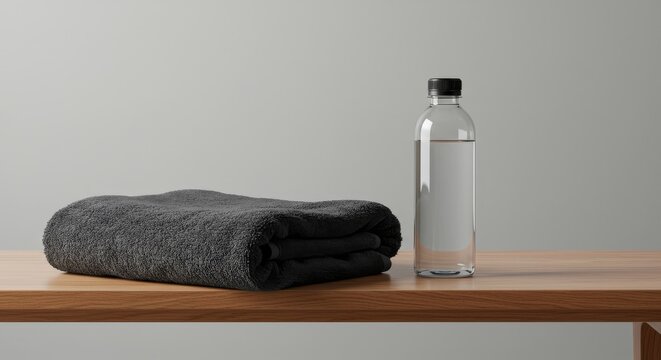 Stack of dark towels and a water bottle on light wood table, emphasizing minimalist design, cleanliness, and wellness