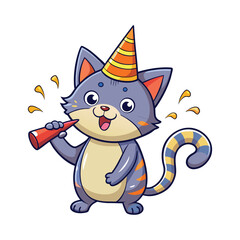 Cute cat wearing colorful party hat blowing festive party horn celebration birthday illustration on white background cheerful holiday vector art design