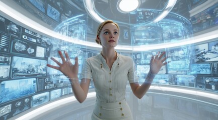 A beautiful woman in her thirties with short hair is standing inside the virtual digital exhibition hall and wearing white professional attire