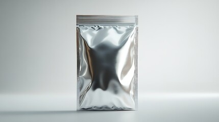 A shiny, silver packet sits unopened on a dark table surface, reflecting soft light in the background, creating an intriguing visual contrast