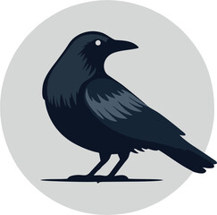 Minimalist Vector Crow Illustration – Flat Design Black Bird with Grey Circle Background