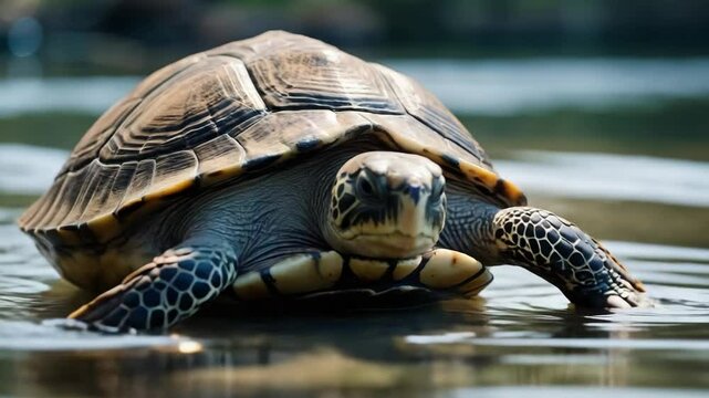 Close up of a turtle in water. Reptile wildlife in natural environment. Animal photography.