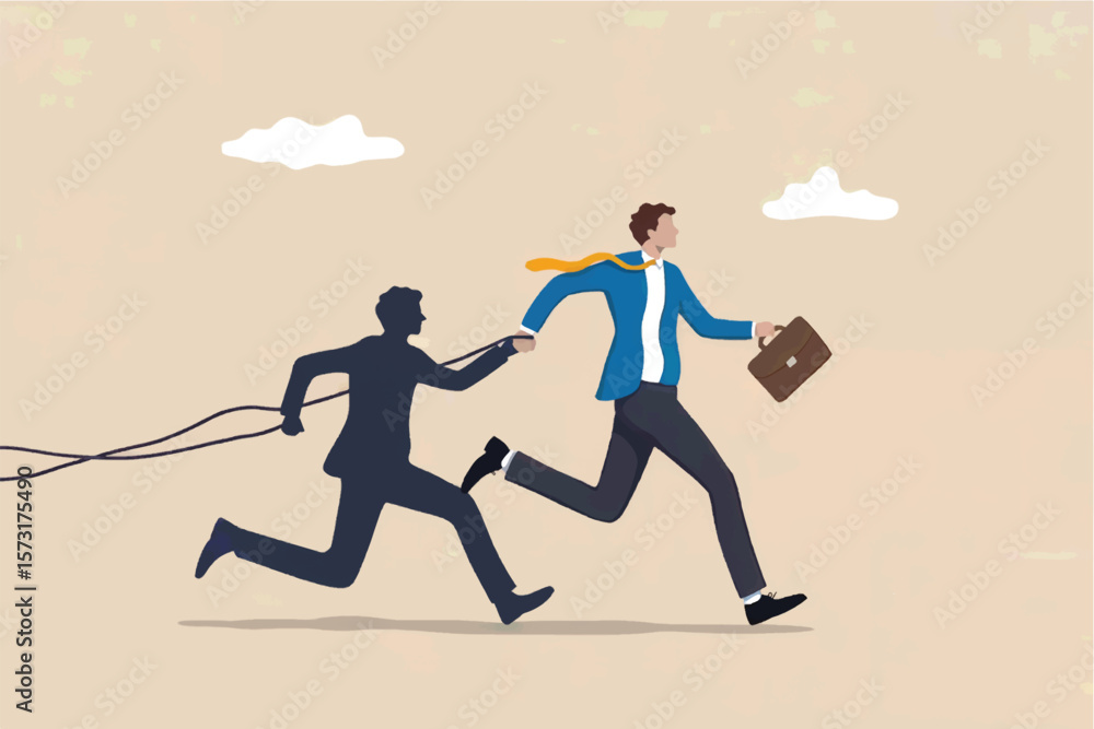 Poster business man running forward holding briefcase while his shadow is tethered behind him on transparen