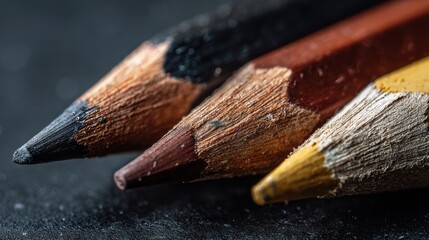 A close up view of sharpened colored pencils arranged neatly on a dark surface showcasing their vibrant colors and fine tips ready for artistic use