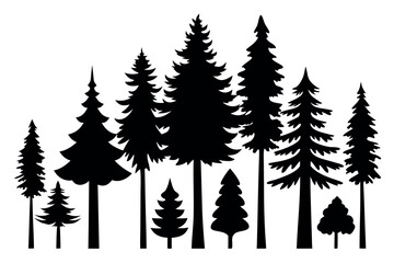 Obraz premium Evergreen Pine Tree Silhouettes – Black Vector Forest Trees Collection Isolated on White Background