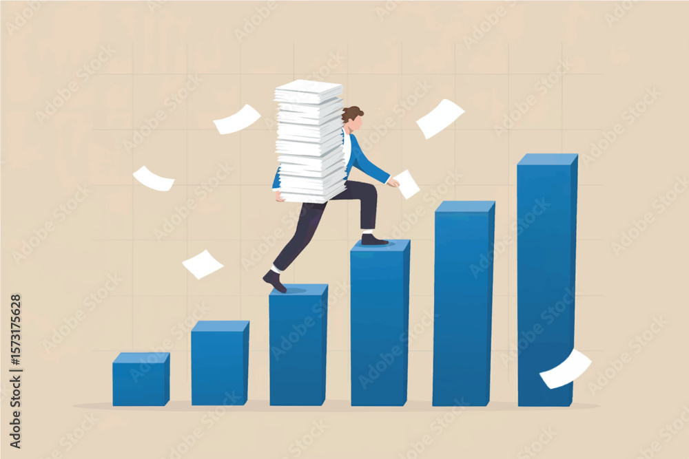 Poster man carrying a large stack of papers climbs up blue bars representing growth and progress on a grid 