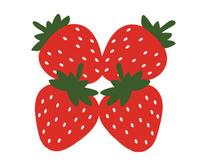 Four stylized strawberries arranged in a symmetrical pattern. A graphic design featuring four stylized strawberries arranged in a symmetrical, almost butterfly-like pattern against a pure white backgr