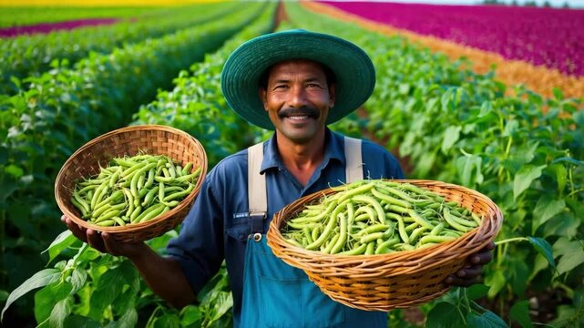 Smiling man with hat holds baskets of green beans in vegetable field. Farmer harvesting organic beans crop, agriculture concept.