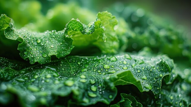 Close-up of vibrant green leafy vegetable, covered in water droplets - Powered by Adobe