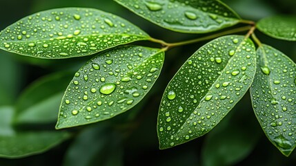 Fototapeta premium Close-up of vibrant green leaves, covered in glistening water droplets (1)