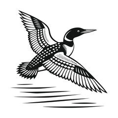 Fototapeta premium Majestic Loon Bird in Flight Black and White Illustration
