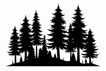 Obraz premium Evergreen Tree Silhouettes – Forest Landscape Vector with Pine, Fir, and Spruce Trees