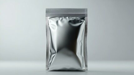 A shiny, silver packet sits unopened on a dark table surface, reflecting soft light in the background, creating an intriguing visual contrast