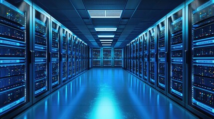 Modern high-capacity data center with rows of blue-lit servers and polished floor, ideal for IT infrastructure visuals, cloud service ads, and network technology marketing