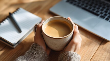 Cozy Morning Coffee at Work Desk with Laptop