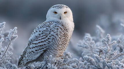 A majestic snowy owl gazes intently while perched on a frosted branch in the winter wilderness.