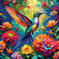 Fototapeta premium Vibrant Oil Painting of a Hummingbird Surrounded by Flowers and Foliage