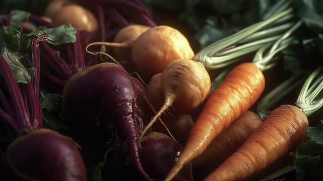 A bunch of carrots and beets are on a table. The carrots are orange and the beets are purple