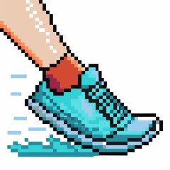Obraz premium Pixel art running shoe in motion athletic sneaker, dynamic movement, blue trainers, fitness and exercise concept