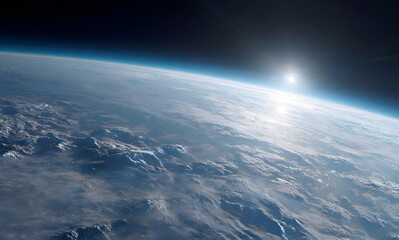 a panoramic view of the earth from space with a blue sky and the planet in the background in a misty atmosphere