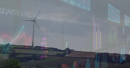 When dashboard fading in wind turbine blades rotating as charts rising to display energy data - Powered by Adobe