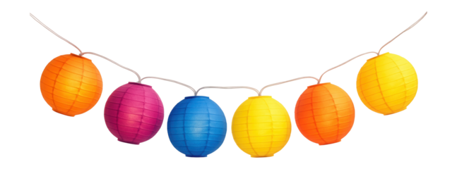Garland of colorful paper lanterns, ideal for stringing across a backyard patio during a festive gathering.