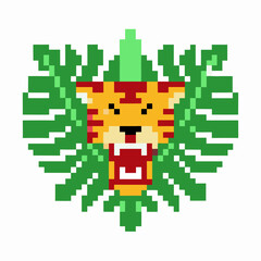 Obraz premium Pixel art roaring tiger head with green jungle leaves retro digital animal graphic, wild nature emblem, vintage gaming