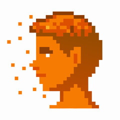 Pixelated human head disintegrating, digital concept orange mosaic face dissolving, technology, data transformation illustration