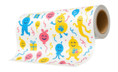 A roll of birthday-themed wrapping paper featuring playful characters, ideal for wrapping presents for a child?s party at home.