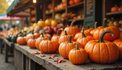 Pumpkins displayed on wooden table at autumn market  
