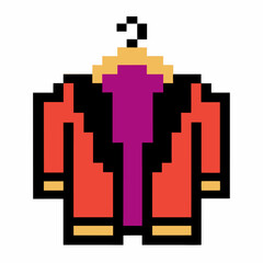 Retro pixel art red coat with purple scarf on hanger nostalgic 8 bit outerwear fashion, digital vintage clothing